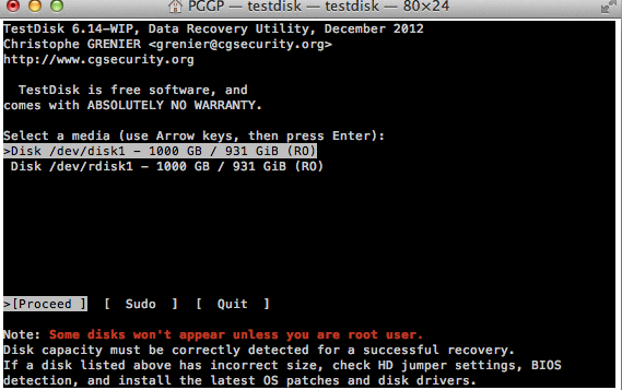 reconnaissance du disque par Testdisk... Proceed