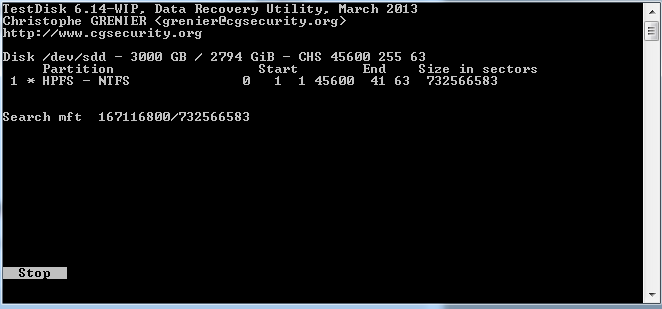 testdisk MFT search screen shot