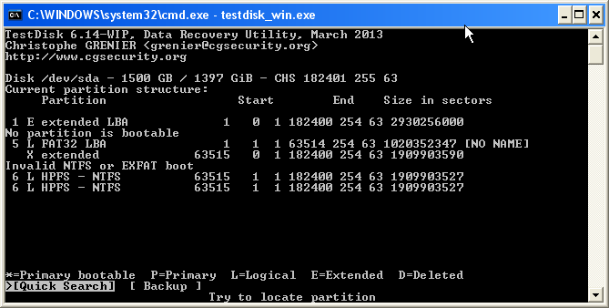 ie momentan von Testdisk angezeigten Partitionen - NFTS ist natürlich falsch, das müsste die TSD PVR Partition sein