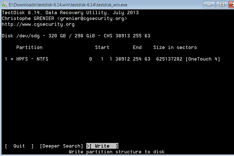 Write Partition Screen