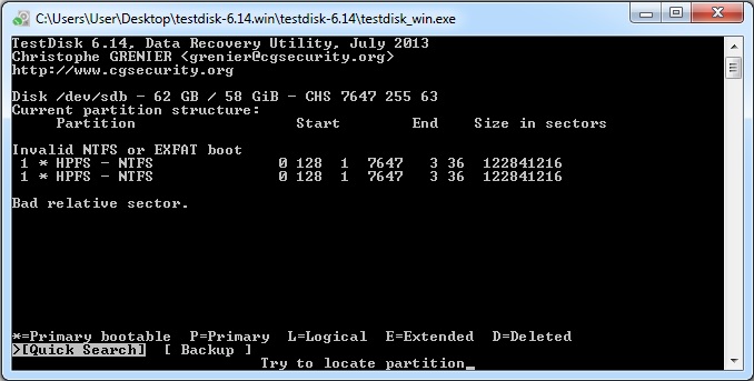 The Screenshot of TestDisk after clicking &quot;Analyze&quot; option in main menu.