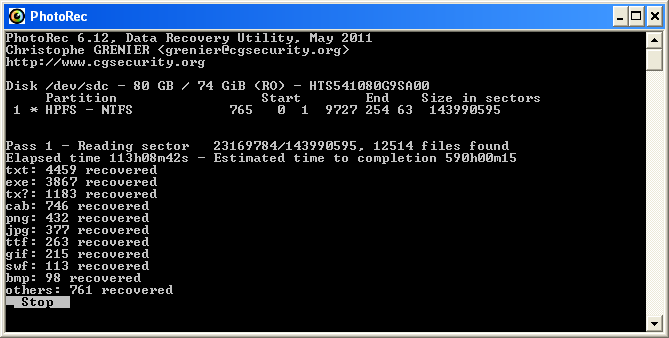 Screenshot of PhotoRec progress. 113 hrs elapsed, 590 hrs to go?
