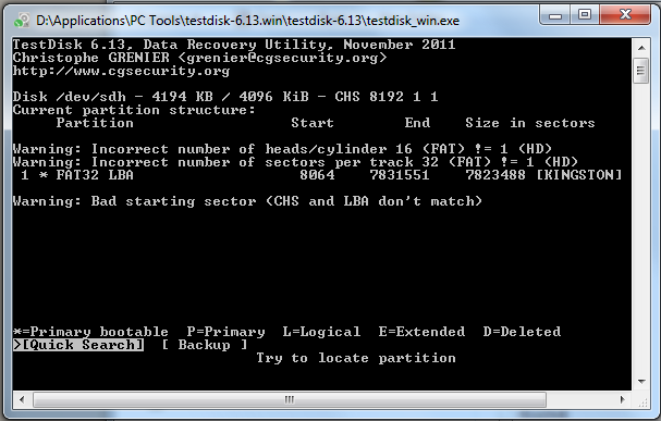 Results of TestDisk Analyze