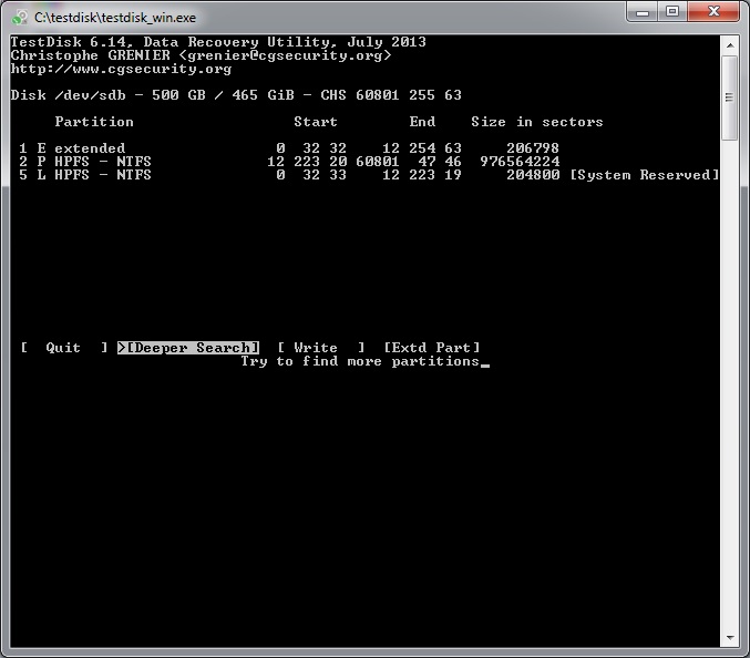 Current partition list in TestDisk seen via alt W7 machine