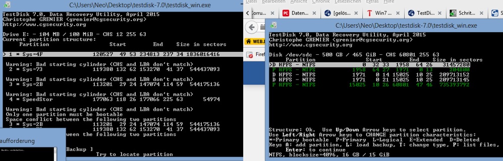 Beim ersten mal Testdisk aufruf über Partition F statt üerb die Disk im oberen bereich von Testdisk