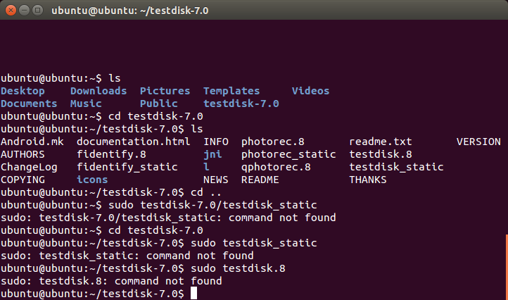 Terminal attempt to run testdisk-7.0