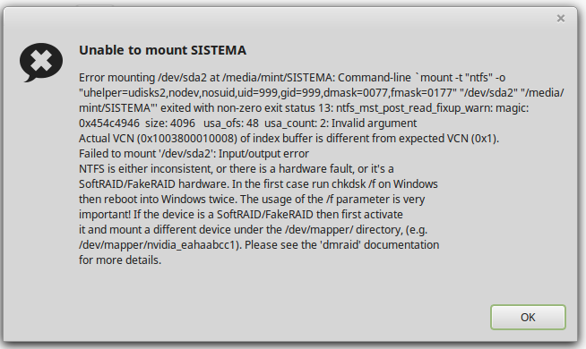 NTFS error message (within Linux)