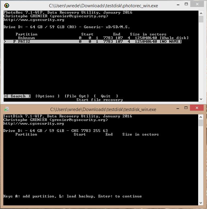 screenshot of testdisk and photorec