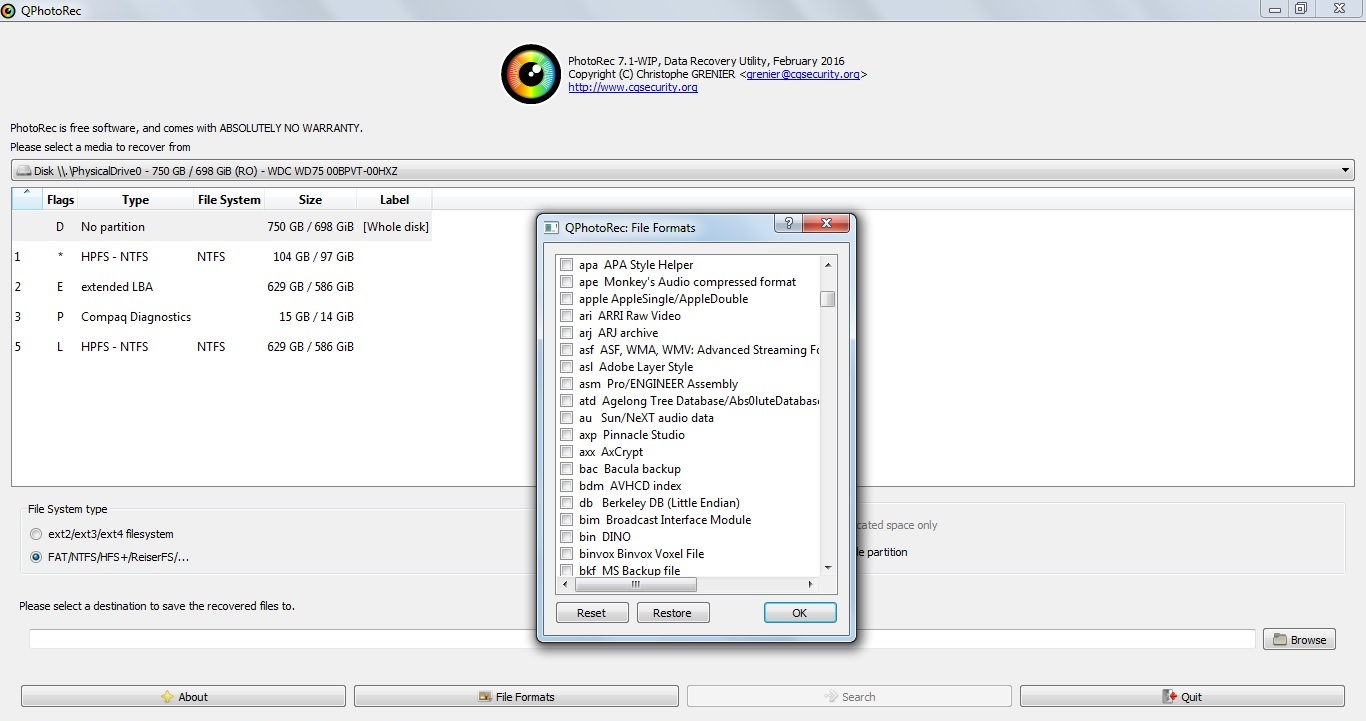 Screenshot of file extension selection