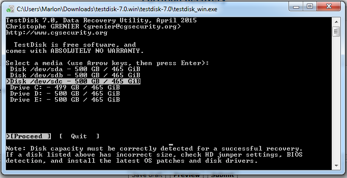 TestDisk drive listing