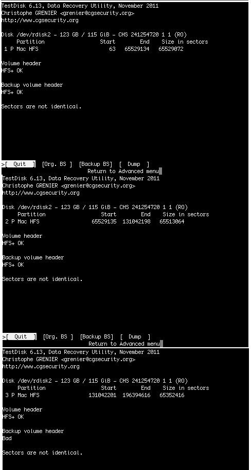 Partitions 1&2 recovered OK. Partition 3 Failed