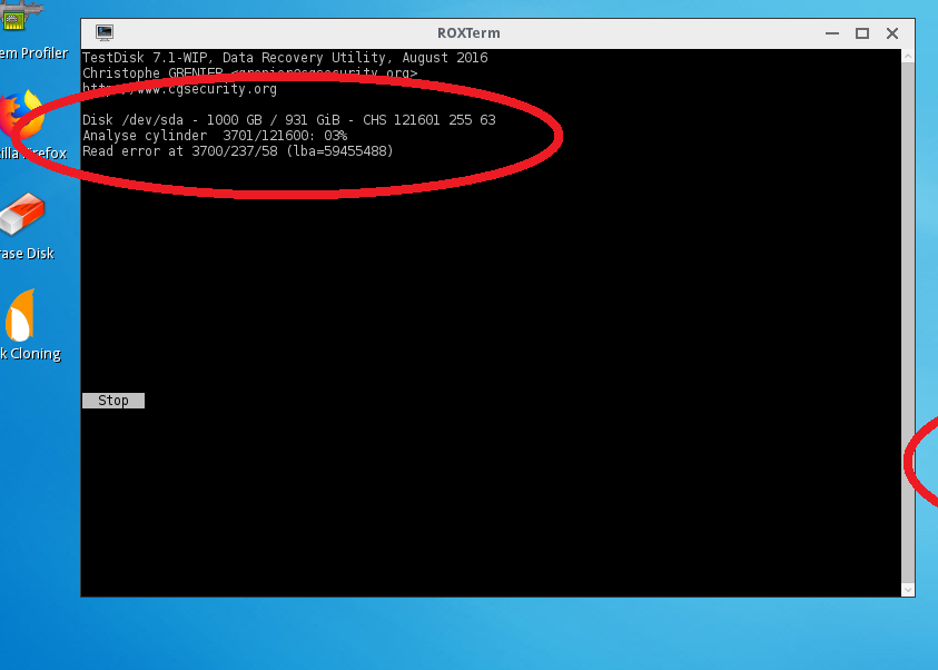 TESTDISK Cylinder Read error: