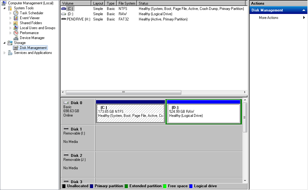 In Win 7, partition (drive D:) listed as RAW