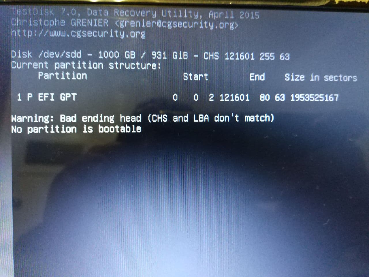 after disk selection,autodetected intel partition type (please note chs and lba don't match) also note the erroneous gpt from my mistake in proxmox