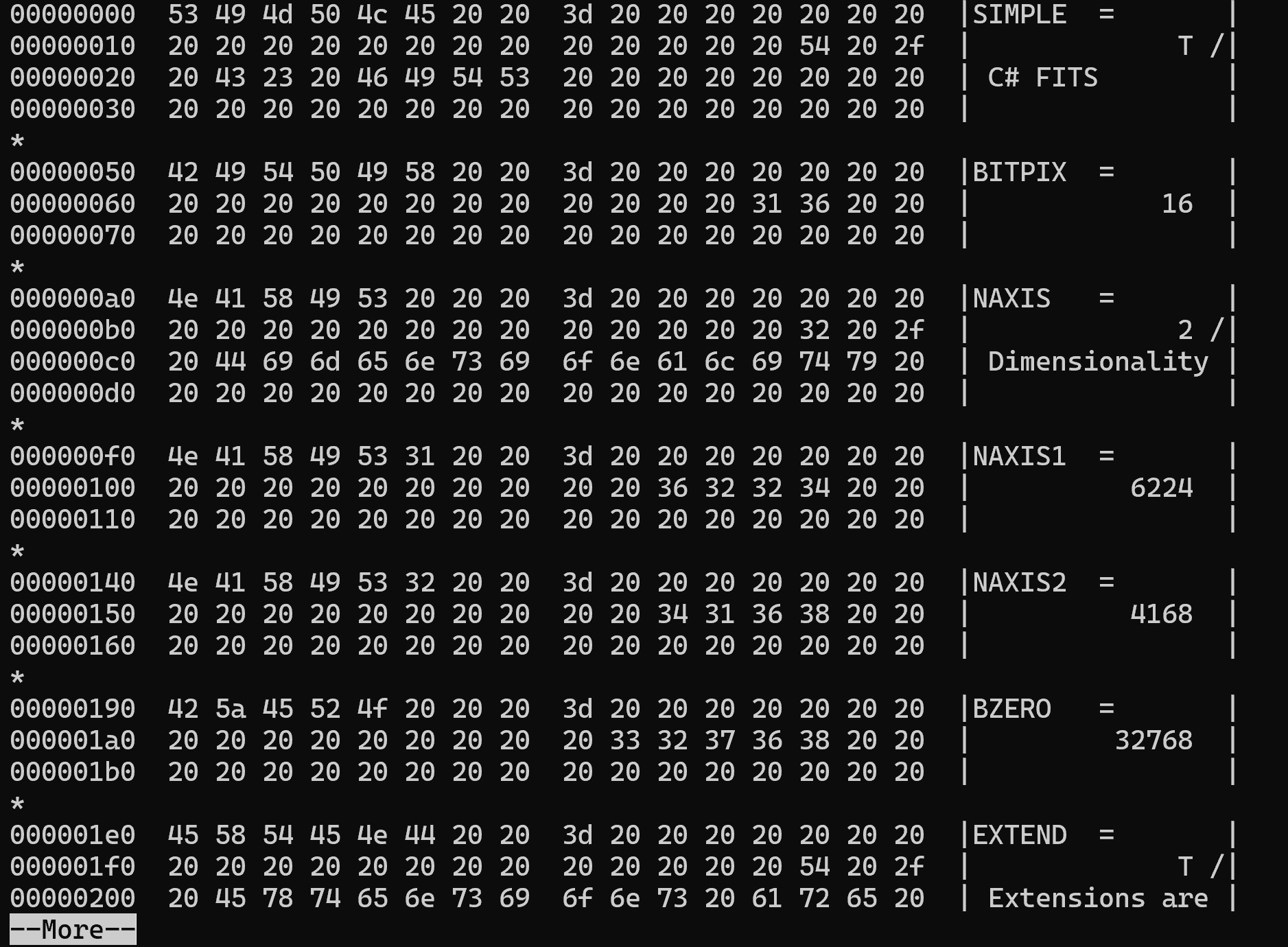 beginning of the output of hexdump -C on a fits file