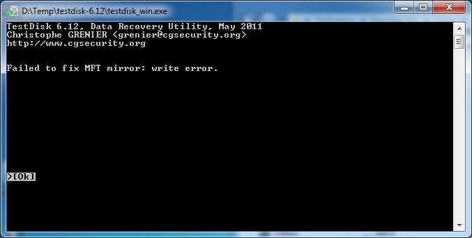 Failed to fix MFT mirror : write error.