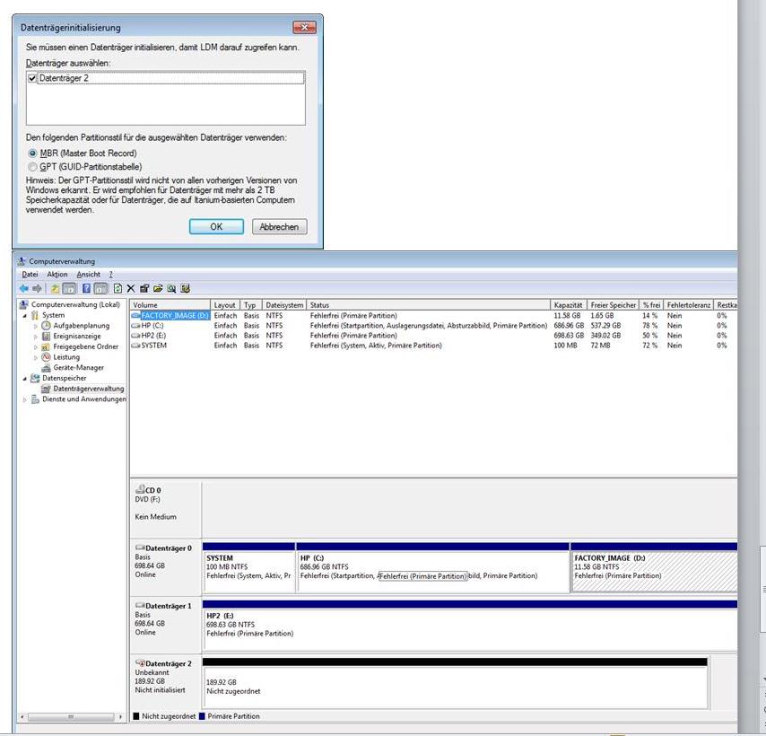 Initialisirung und Ergebnis Datenträgerverwaltung